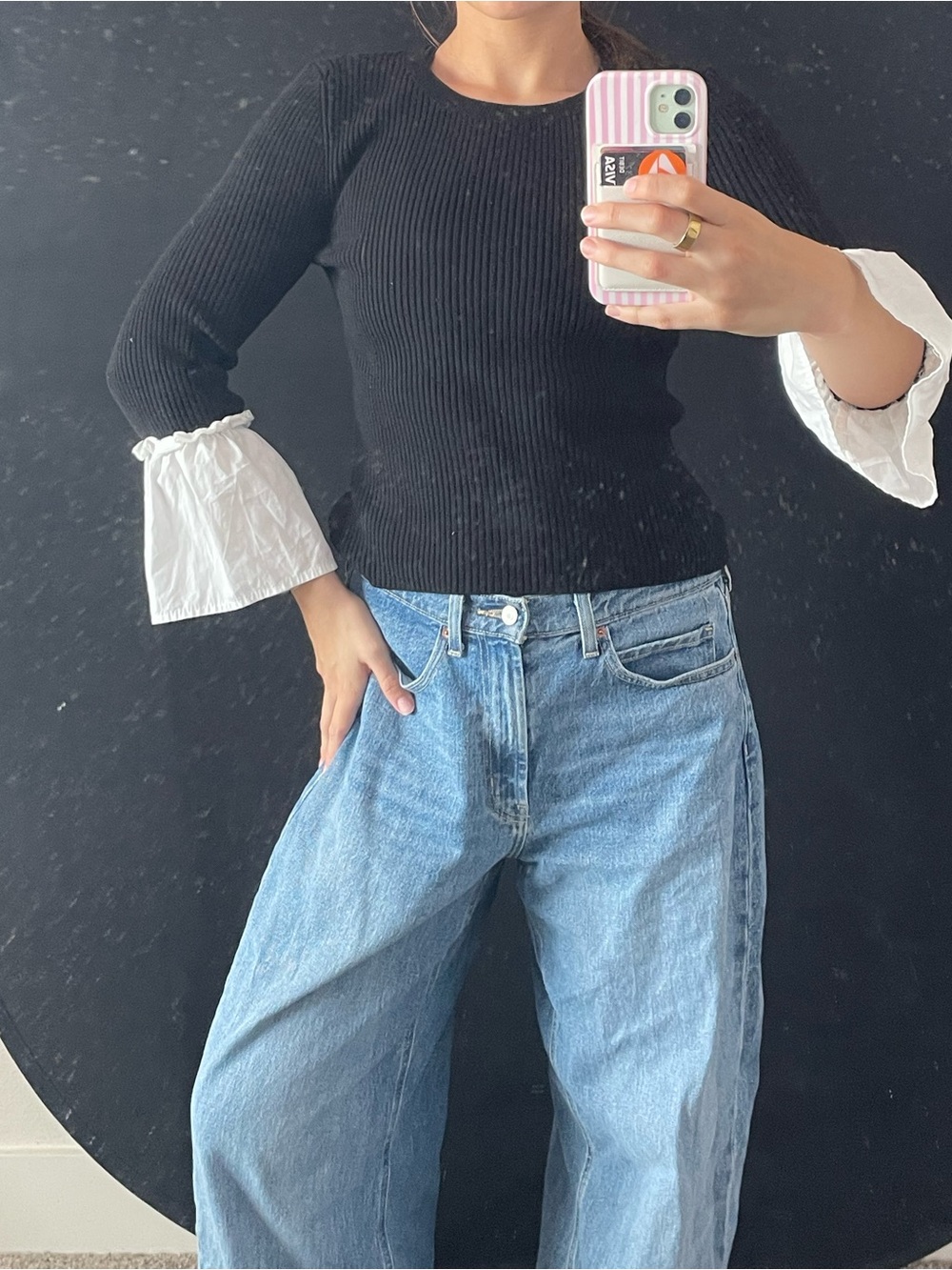 Anthropologie Black Ribbed Knit Top with White Bell Cuffs
